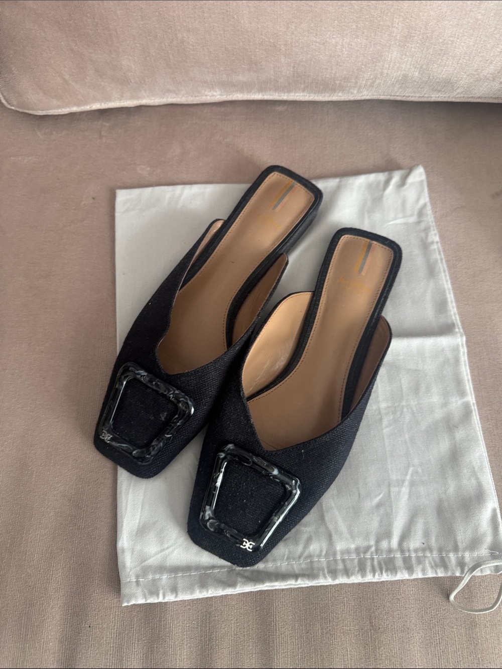 Sam Edelman Black Square-Toe Slip-On Mules with Decorative Buckle
